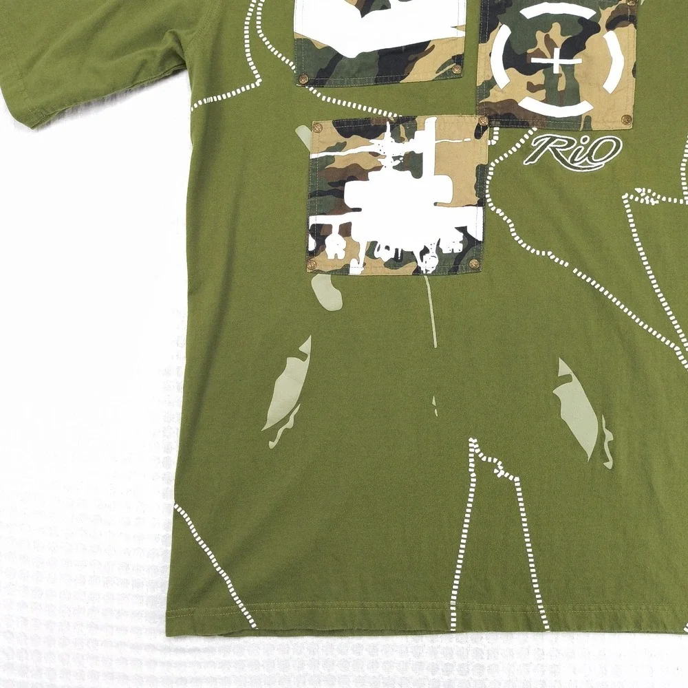 Rio Sportswear Mens XXXL T-Shirt Olive Green Camo Military Helicopter Tank Y2K - Picture 8 of 8